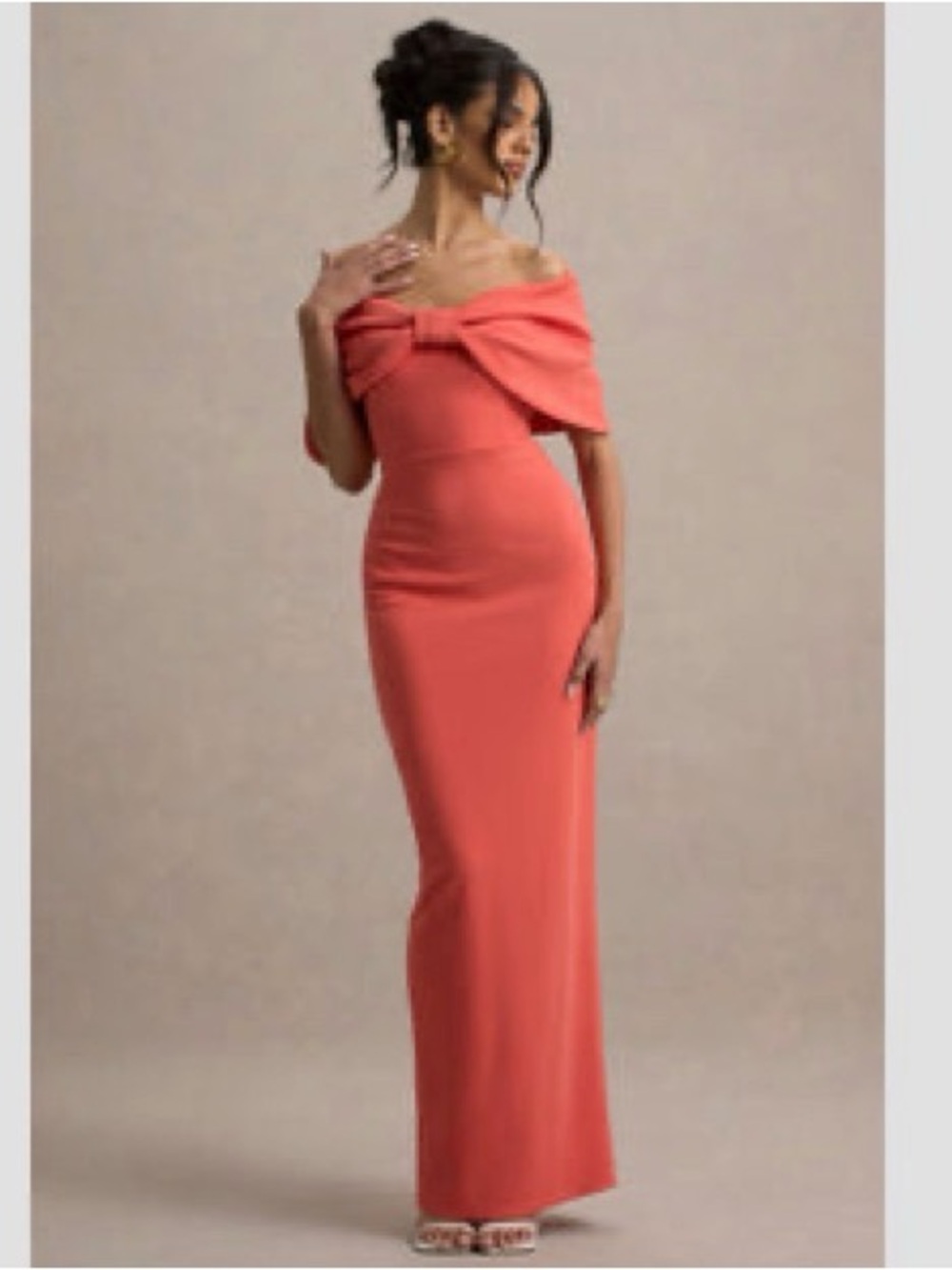Off-Shoulder Coral Maxi Gown with Front Bow Detail